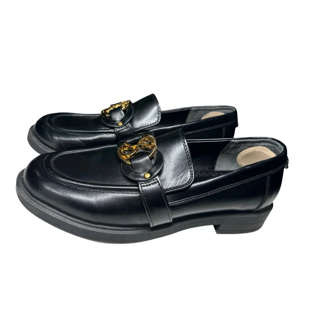 Sam & Libby Black Loafers Gold Accent 8 faux leather preppy work casual slip on
